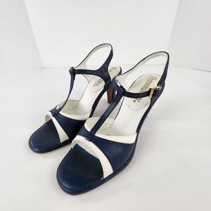 Stunning vintage navy and white T-bar open-toed sandal pumps, size 7.5 narrow